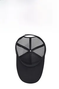 Detail view of breathable black mesh truck cap showing internal structure and polyester fabric