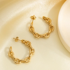 European Fashion Stainless Steel Chain Link C Shaped Hoop Earrings For Women 18K Gold Plated Trendy Minimalist Jewelry