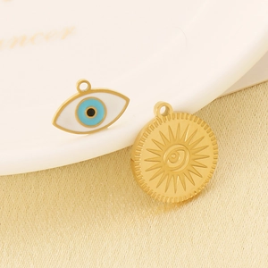 Bohemian 18K gold-plated stainless steel evil eye and sunburst coin charms for jewelry making