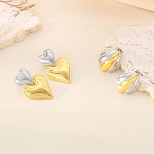 Boucles d'oreilles cœur et spirale bicolores en acier inoxydable poli or et argent