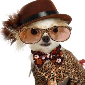 Detail of pet costume set with brown hat, leopard glasses, and floral bowtie