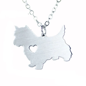 Brushed stainless steel Scottie dog silhouette pendant necklace with heart cutout