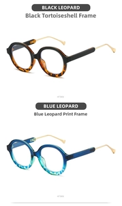 Detail of vintage round oversized eyewear frames in black tortoise and blue leopard patterns