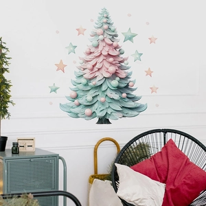 Pink and green Christmas tree wall decals with stars and ornaments in a cozy living room