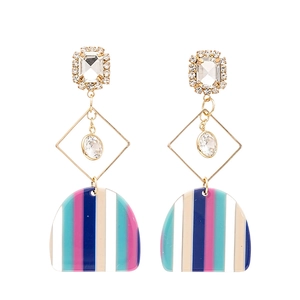 Modern colorful resin earrings with geometric rhombus crystals and striped pendants