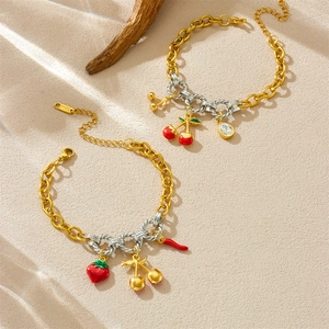 Retro stainless steel mixed-tone bracelet with cherry, strawberry and chili charms