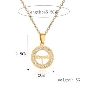 Detail showing dimensions of gold dragonfly necklace pendant with sparkling crystals