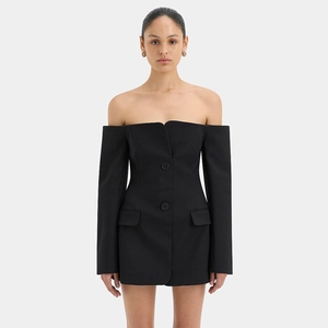 Detailed front view of black off-the-shoulder blazer mini dress with button accents