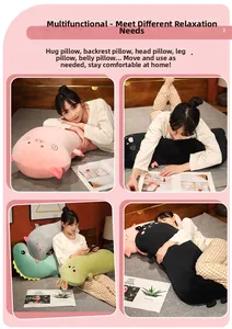 Detailed view of long plush animal pillows used for sleeping and back support