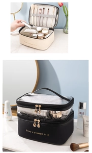 Detail view of double-layer travel makeup bags with transparent PVC and gold zippers