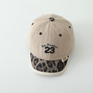 Kids corduroy baseball cap with leopard print brim and Number 23 embroidery in beige