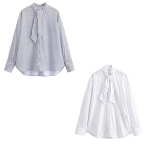Elegant Striped Long Sleeve Blouse Pussy Bow Tie Neck Button Up Polyester Poplin Shirt Women