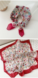 Floral square scarf with red trim detail and breathable cotton-linen texture