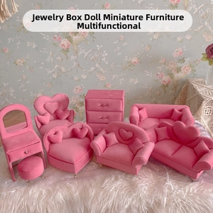 Pink velvet miniature furniture jewelry box set including sofas and vanity table