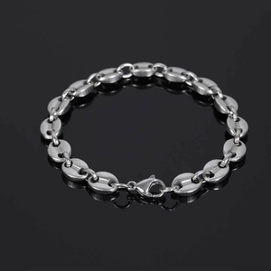 Men's 8mm stainless steel coffee bean link chain bracelet with lobster clasp in silver