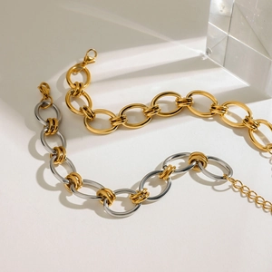 Polished chunky stainless steel chain bracelets with gold and silver mix and lobster clasp