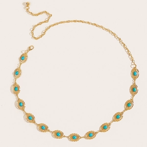 Elegant gold hollow chain belt for women featuring decorative turquoise gemstone accents
