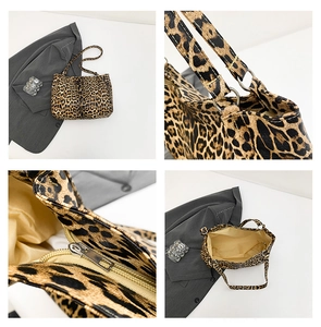 Close-up details of leopard print tote bag showing zipper hardware and interior lining