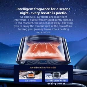 Smart car diffuser with AI sensor and orange ambient lighting on car dashboard