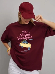 Cotton T-Shirt Women Short Sleeve Loose Fit French Breakfast Print Casual Round Neck Streetwear Summer Top