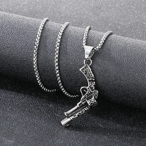Vintage engraved revolver pistol pendant for men on a square link chain necklace
