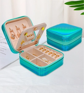 Macro view of blue holographic PU leather jewelry box with zipper and interior layout