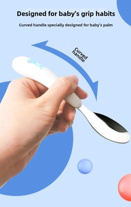 Baby training spoon with curved handle and cute bear pattern for easy grip