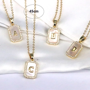18K gold rectangular initial necklace with shell inlay and cubic zirconia, 45cm chain