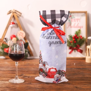 Christmas gnome wine bottle gift bag with red truck pattern and black plaid drawstring top