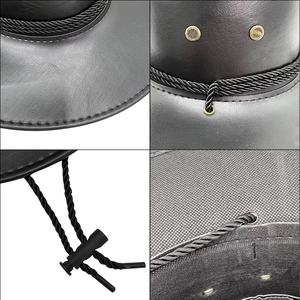 Western black PU leather cowboy hat with wide brim, ventilation holes and windproof rope