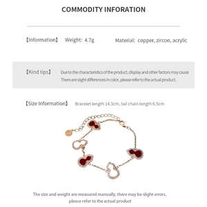 Detailed size chart for the gourd bracelet showing copper and zircon material specs