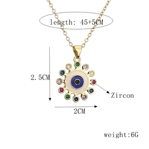 Golden Evil Eye necklace with colorful zircon pendant and 45cm chain on white background