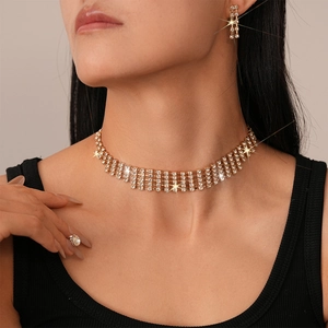 Close-up of sparkling rhinestone fringe choker and matching earrings set on a model