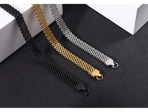 Detail of woven mesh chains in black, gold, and silver stainless steel finishes
