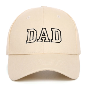 Close-up of black DAD embroidery on a khaki twill cotton vintage baseball cap