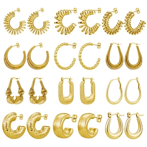 Geometric Hoop Earrings Stainless Steel Gold Plated Spiral Spring Textured Retro C-Shape Hollow Polished Jewelry For Women