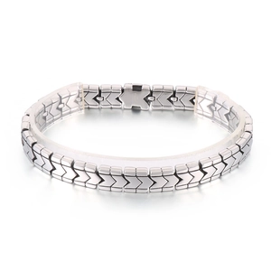 Polished silver stainless steel V-shape bone link bracelet for men on white background
