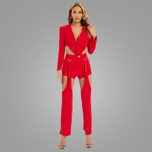 Blazer Sexy Da Donna E Pantaloni Lunghi Poliestere Con Ritagli Tinta Unita Completo Di Moda