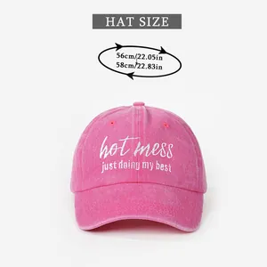 Size chart for pink Hot Mess baseball cap showing head circumference 56-58cm