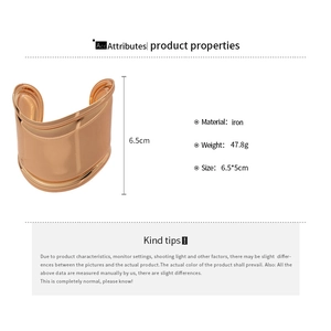 Detail showing gold wide open cuff bracelet dimensions, material iron and weight 47.8g