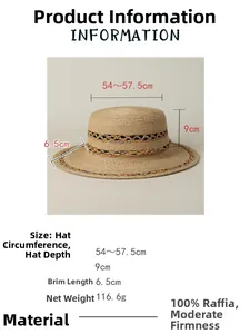 Size guide for the 100% raffia straw hat with dimensions and material specifications