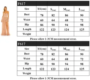 Detailed size chart for pink mesh strapless evening dress with bust and waist measurements