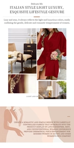 Détails d'un peignoir en satin rouge foncé luxueux avec tissu brillant et ceinture