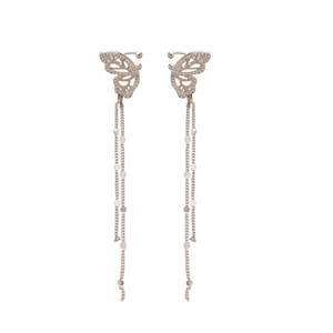 Sparkling zircon hollow butterfly tassel clip earrings in silver finish for women