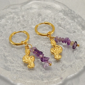 Treble Clef Musiknote Ohrringe Mit Violettem Naturstein 18K Vergoldeter Edelstahl Creolen Anhänger Schmuck Für Damen
