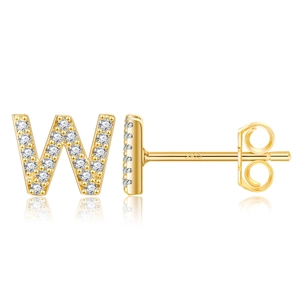 Macro detail of gold-plated S925 sterling silver letter W earring with crystal inlay