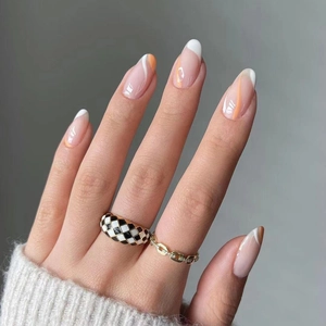 French Press On Nails Almond Shape White And Orange Swirl Design Glossy Artificial Fake Nails Elegant Manicure For Women