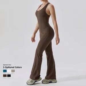 Slim fit flared yoga jumpsuit with U-neck and racerback in brown stretch fabric