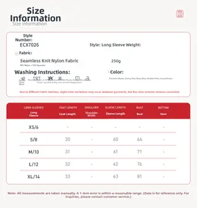 Size chart for seamless yoga long sleeve top showing measurements for sizes S to XL