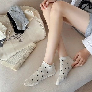 Women's cotton low-cut ankle socks with polka dots and label in assorted colors